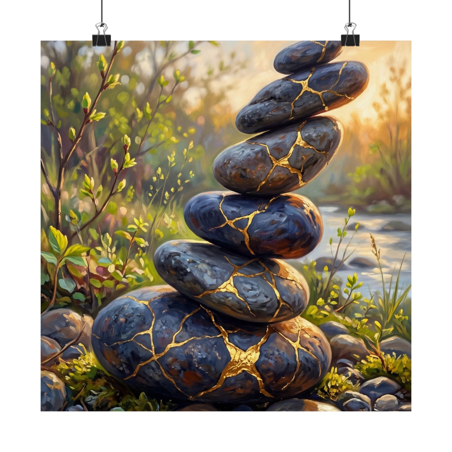 River Stones Wall Art Print | Spring Kintsugi Gold Repair Art
