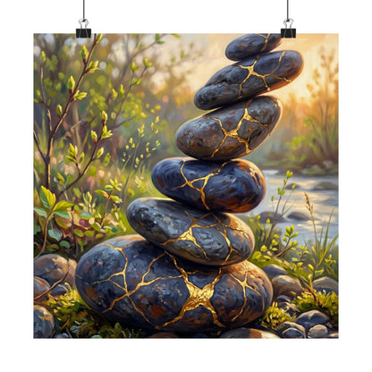 River Stones Wall Art Print | Spring Kintsugi Gold Repair Art