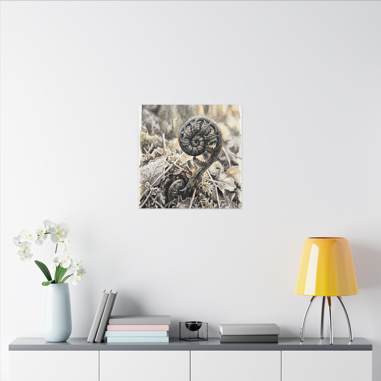 Japandi Fern Unfurling in Golden Hour | Watercolor Canvas Art