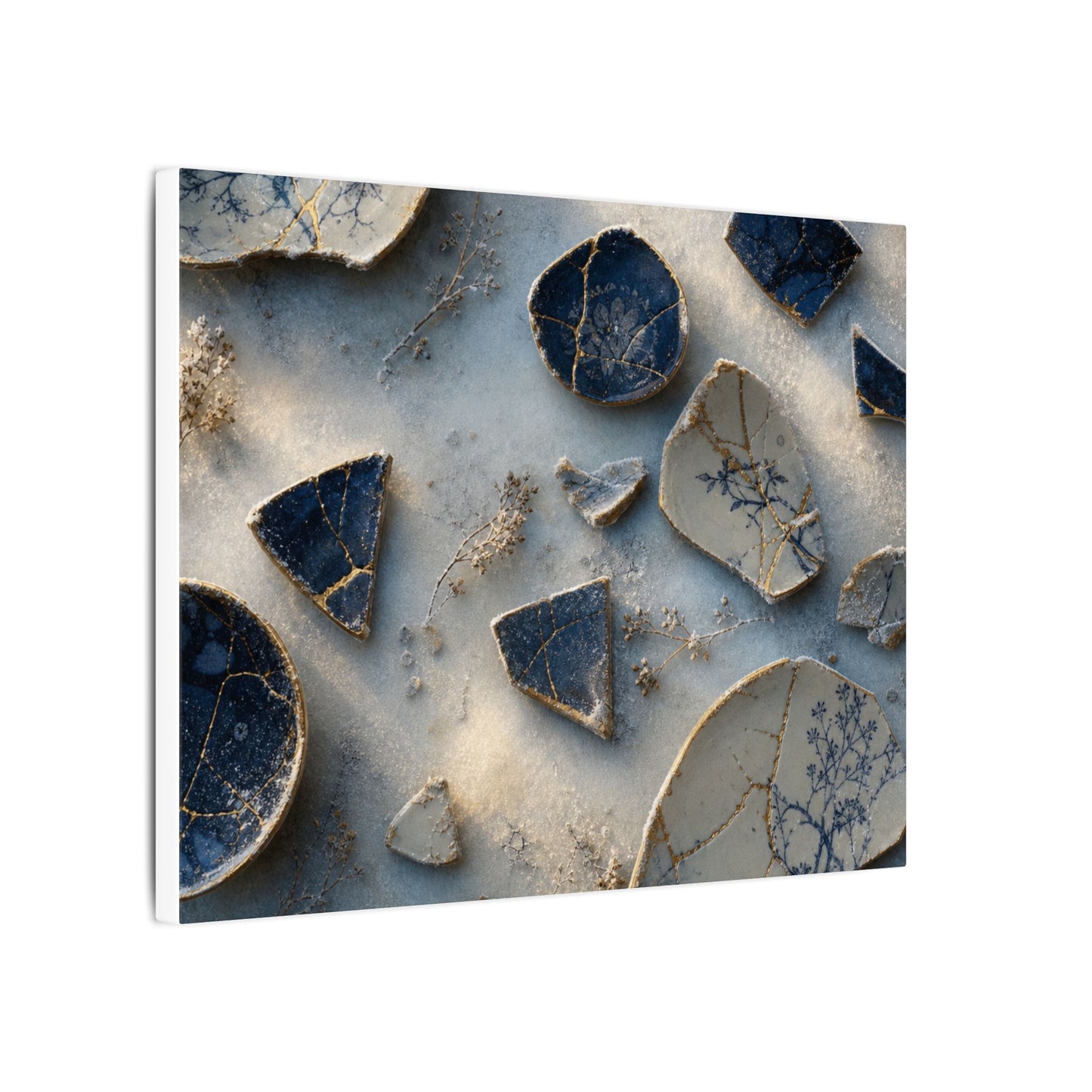 Broken Pottery Canvas Art | Winter Kintsugi Gold Vein Art