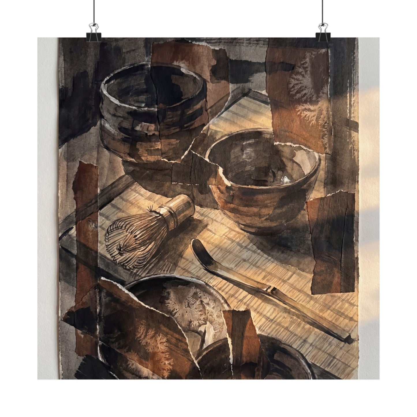 Dark Japandi Tea Ceremony in Golden Hour | Charcoal Ink Wall Art Print