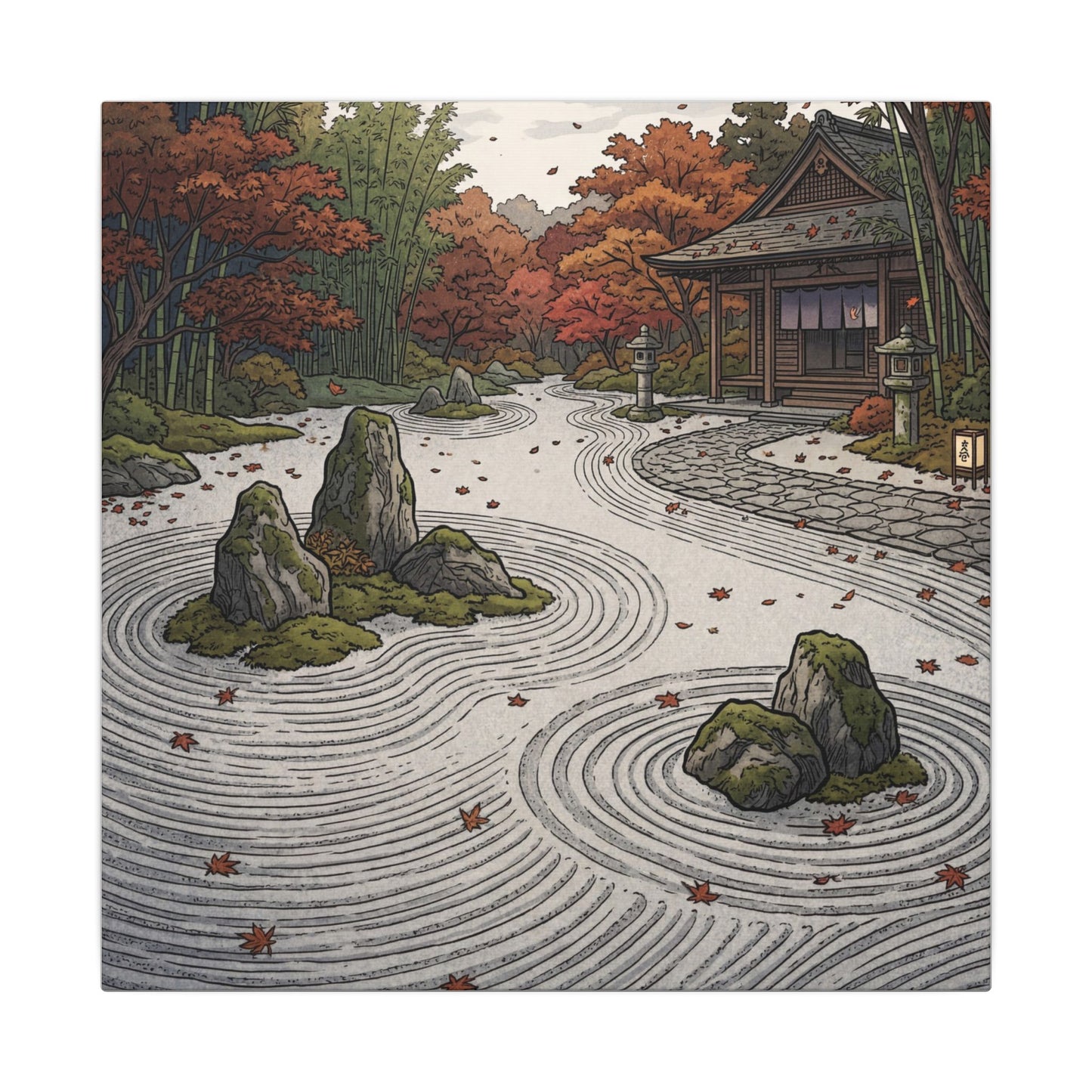 Autumn Rock Garden Ukiyo E Inspired Canvas Art | Peaceful Decor