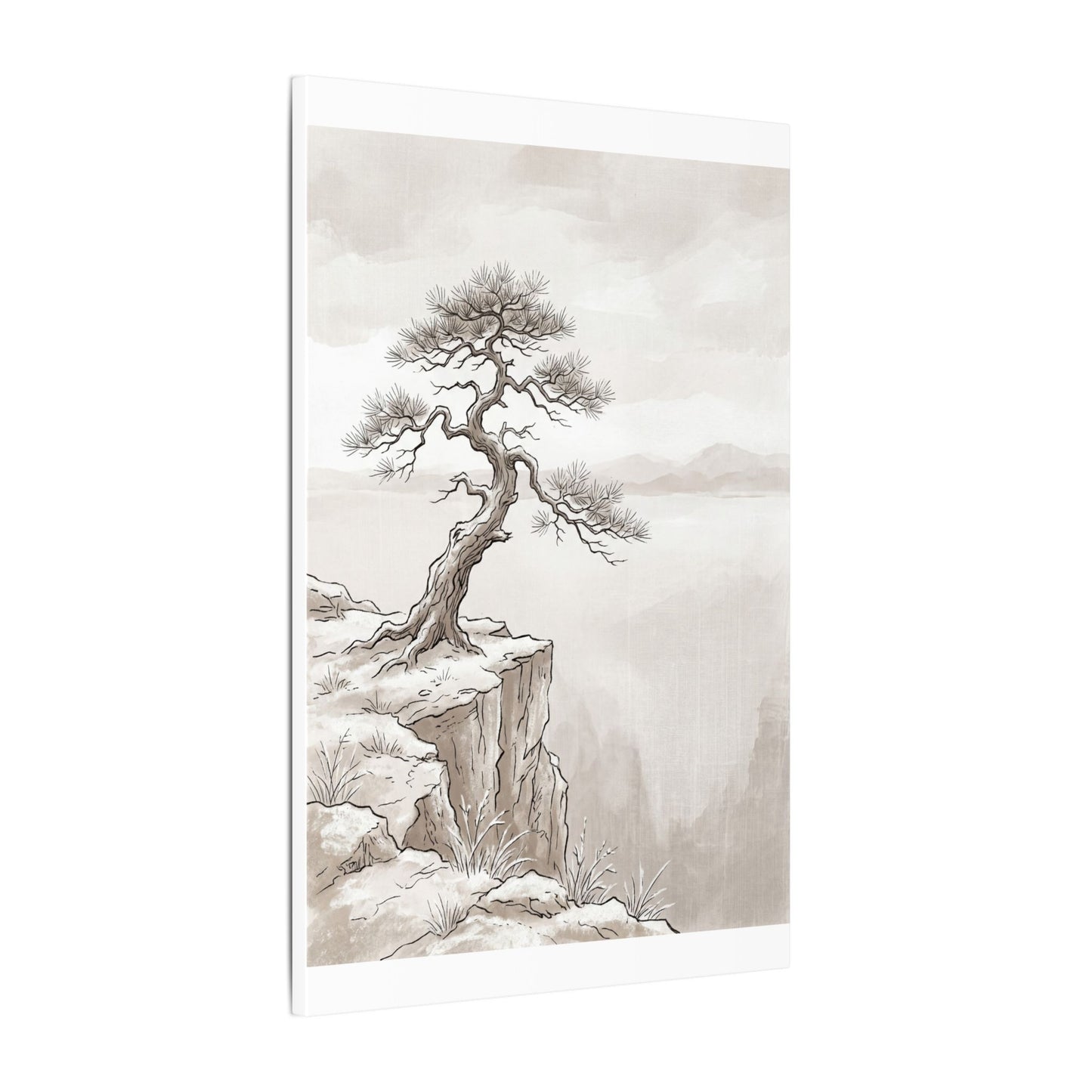 Neutral Pine Tree Canvas Art - Minimal Line Japandi
