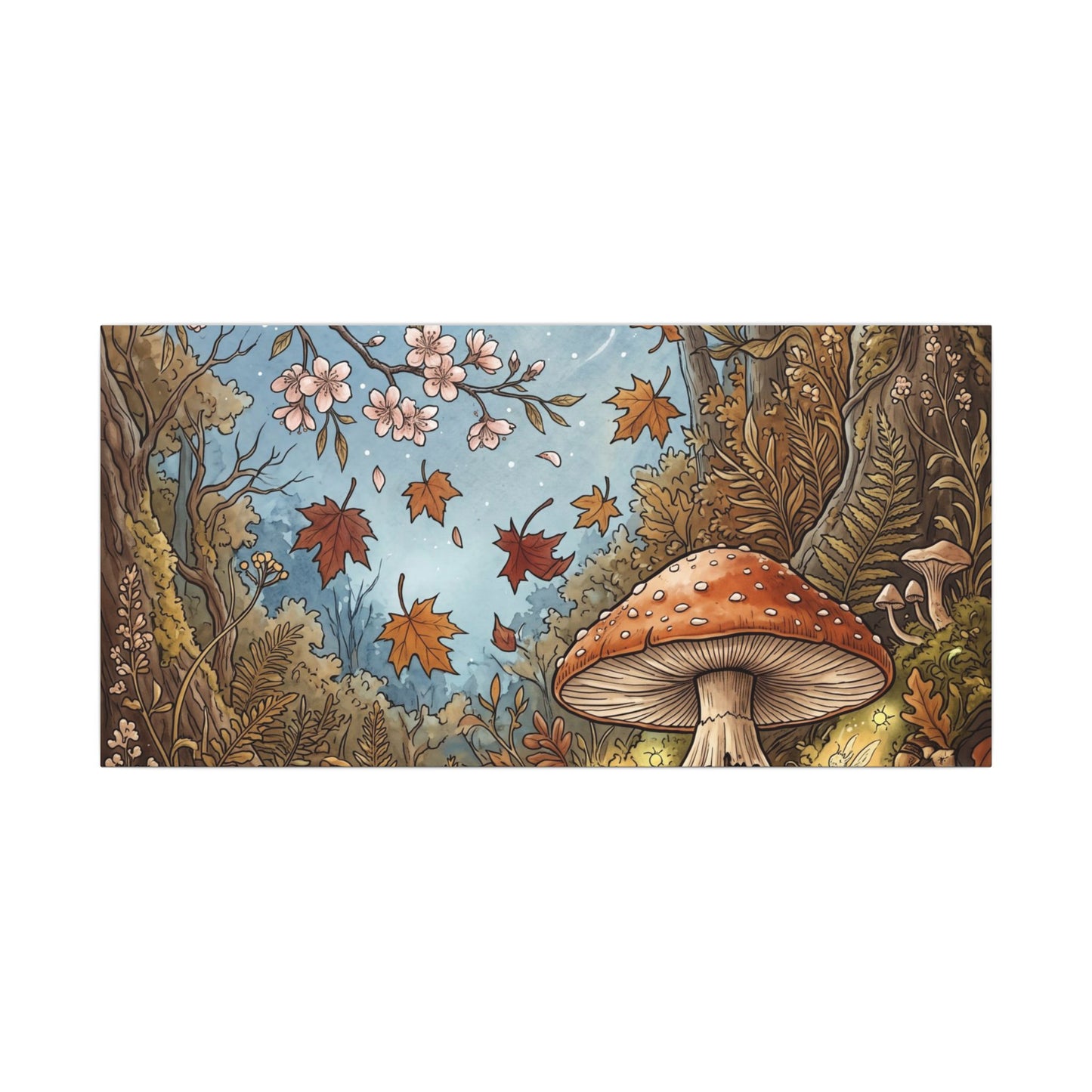 Autumn Cherry Blossom Mushroom Illustration Canvas Art | Enchanting Decor