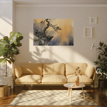 Zen Pine Tree in Golden Hour | Sumi E Canvas Art