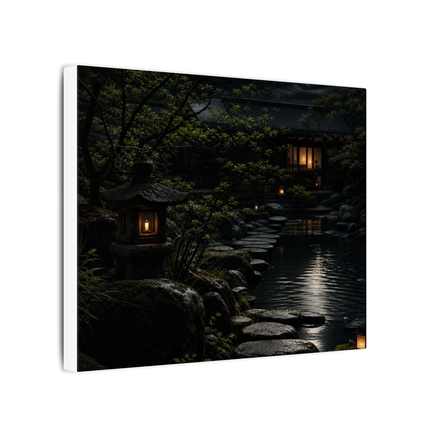 Moonlit Garden Shadow Zen Canvas Art | Sophisticated Dark Japandi Art