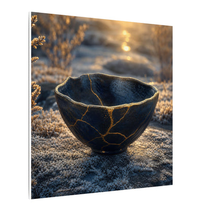 Ceramic Bowl Canvas Art | Winter Kintsugi Gold Repair Art