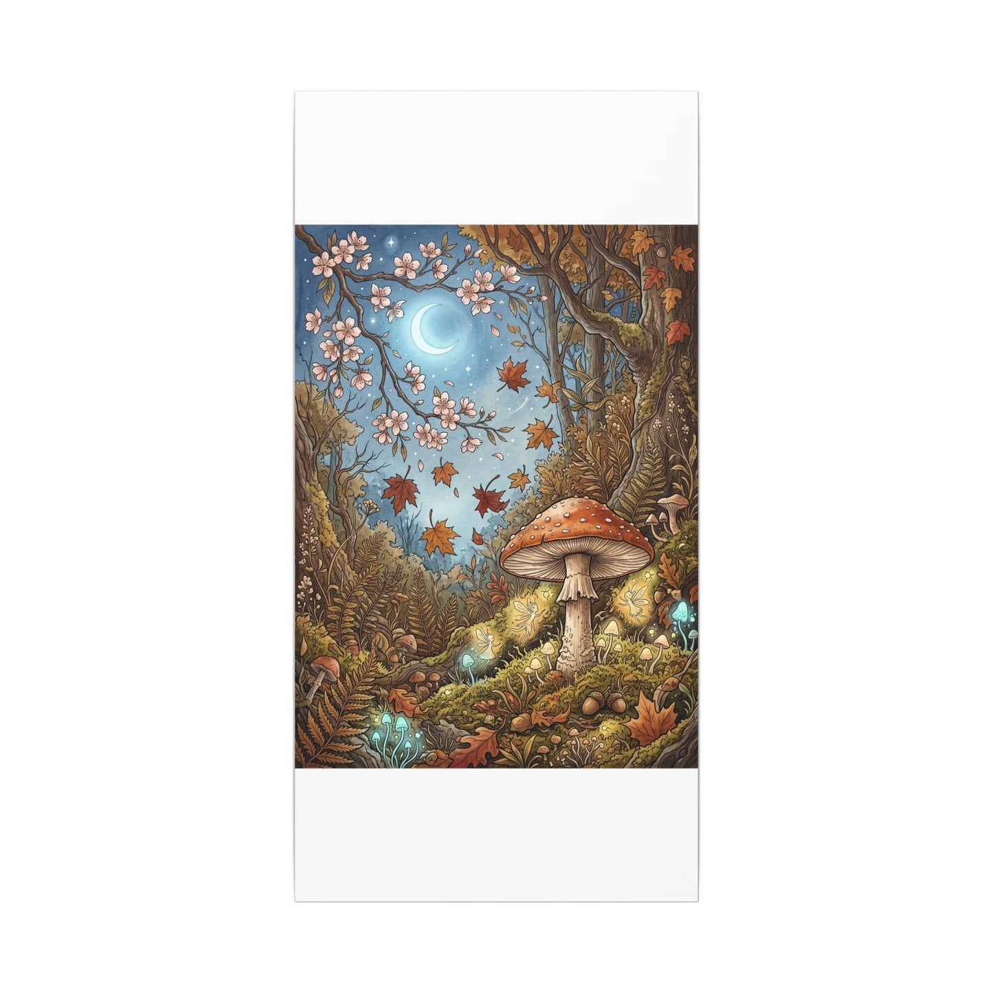 Autumn Cherry Blossom Mushroom Illustration Canvas Art | Enchanting Decor