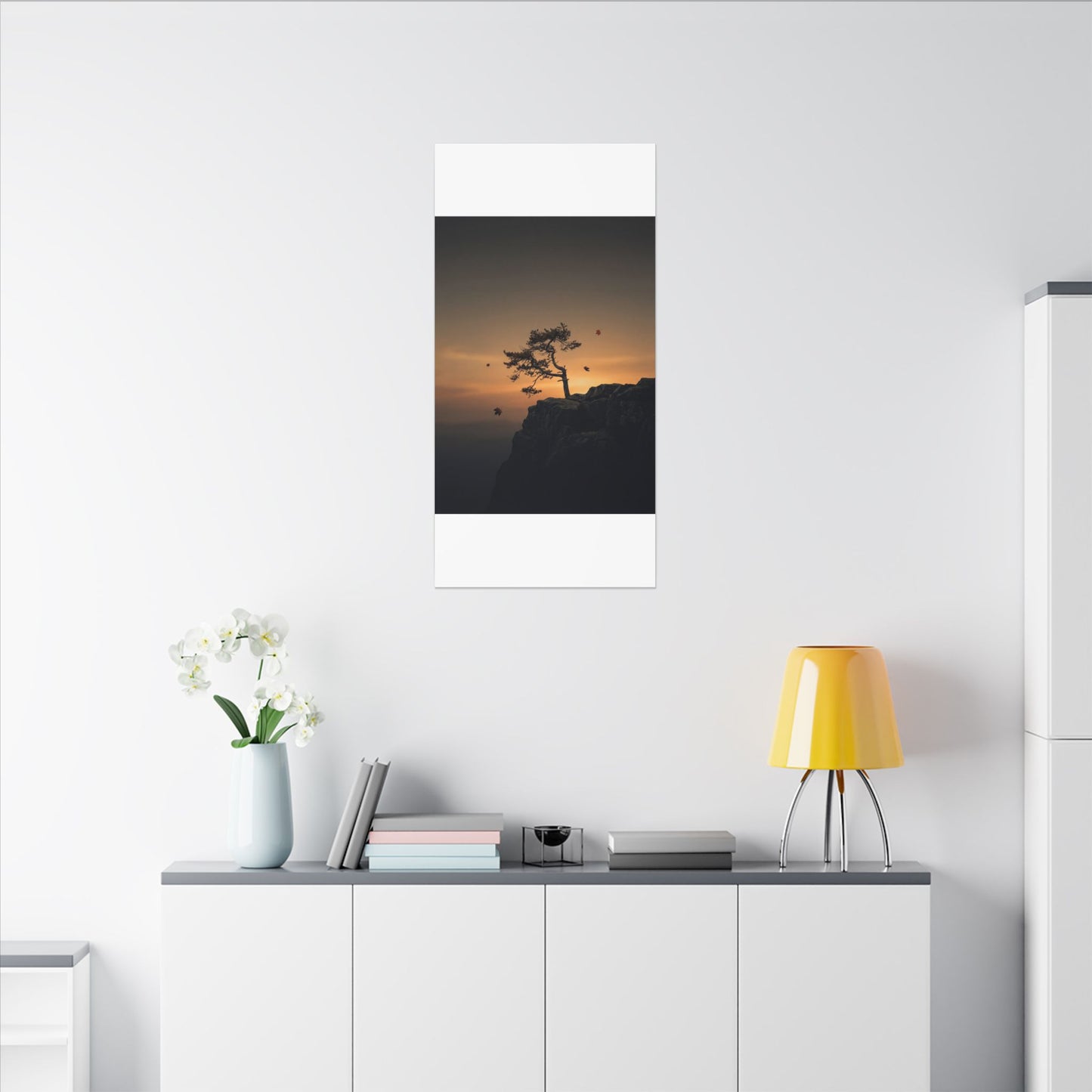 Dark Japandi Pine Tree in Golden Hour | Moody Minimal Canvas Art
