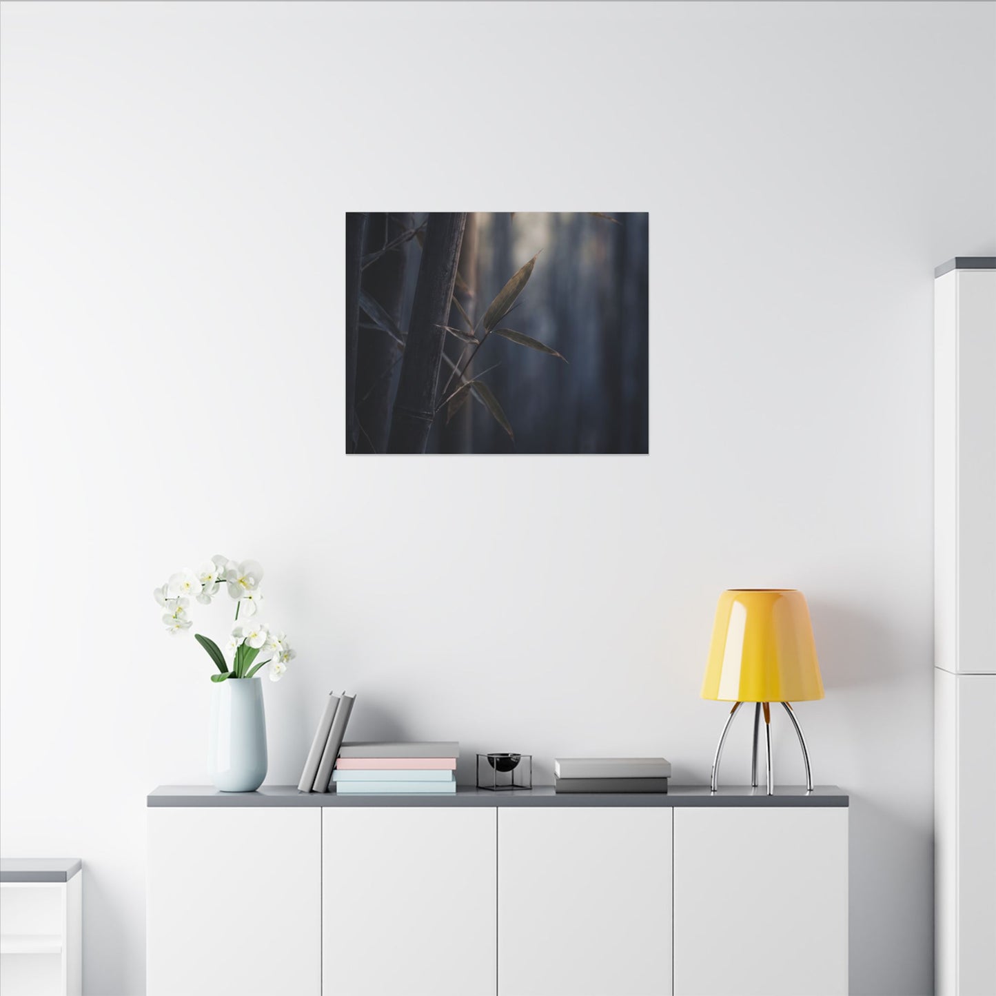 Dark Japandi Bamboo Grove in Dawn | Moody Minimal Canvas Art