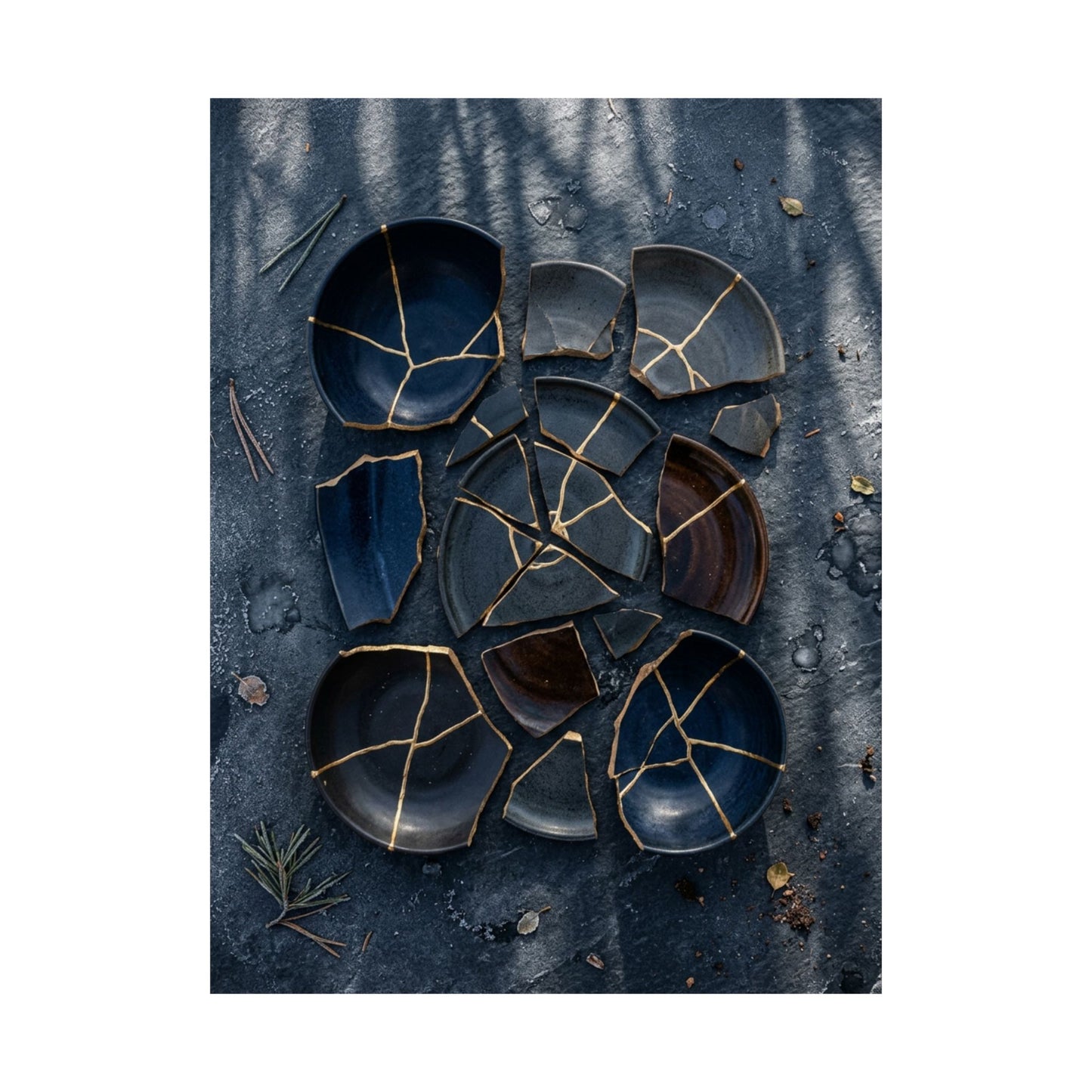 Broken Pottery Wall Art Print | Winter Dark Japandi Shadow Zen Art