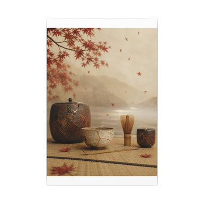 Tea Ceremony Canvas Art | Autumn Kintsugi Gold Vein Art