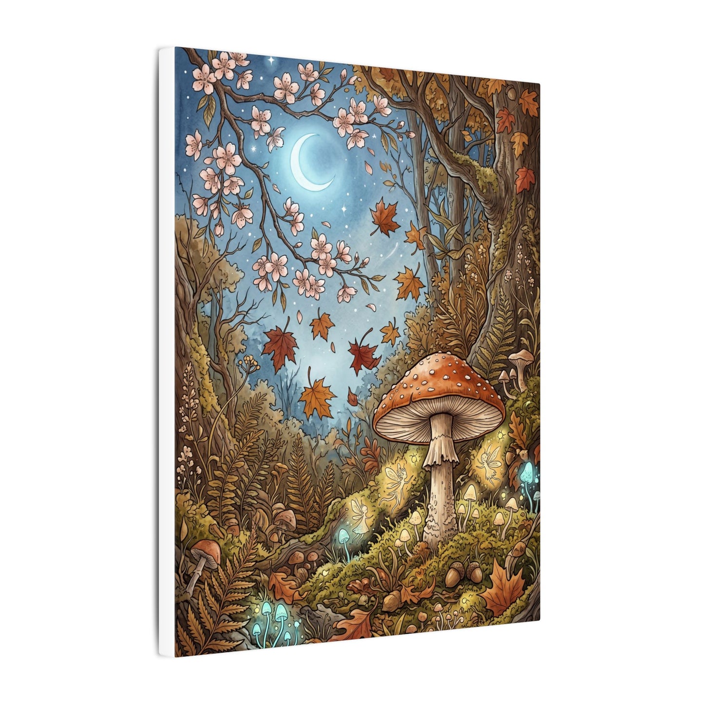 Autumn Cherry Blossom Mushroom Illustration Canvas Art | Enchanting Decor