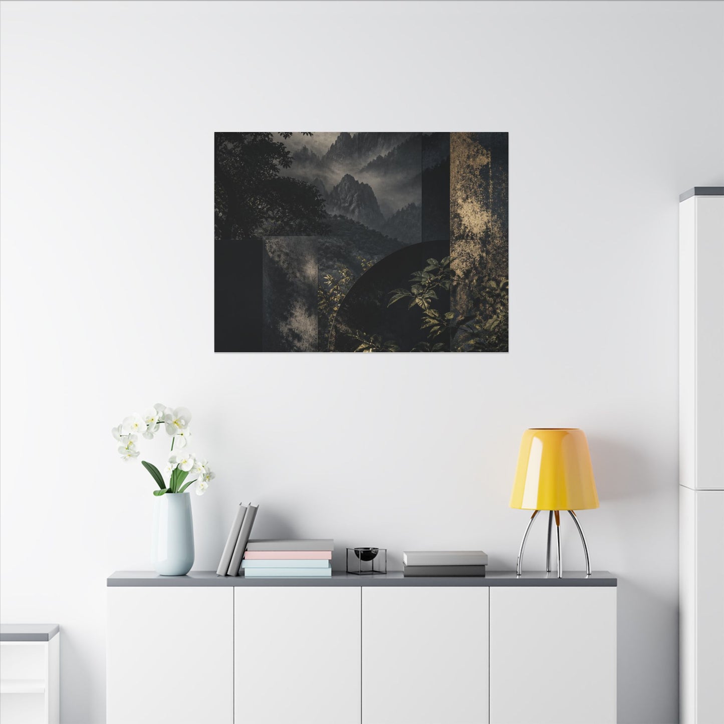 Mountain Mist Summer Canvas Art | Dark Japandi Atmospheric Design