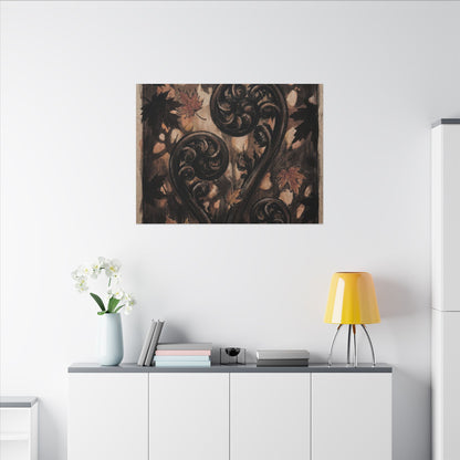 Mono No Aware Fern Unfurling Canvas Art - Dark Japandi Charcoal Ink