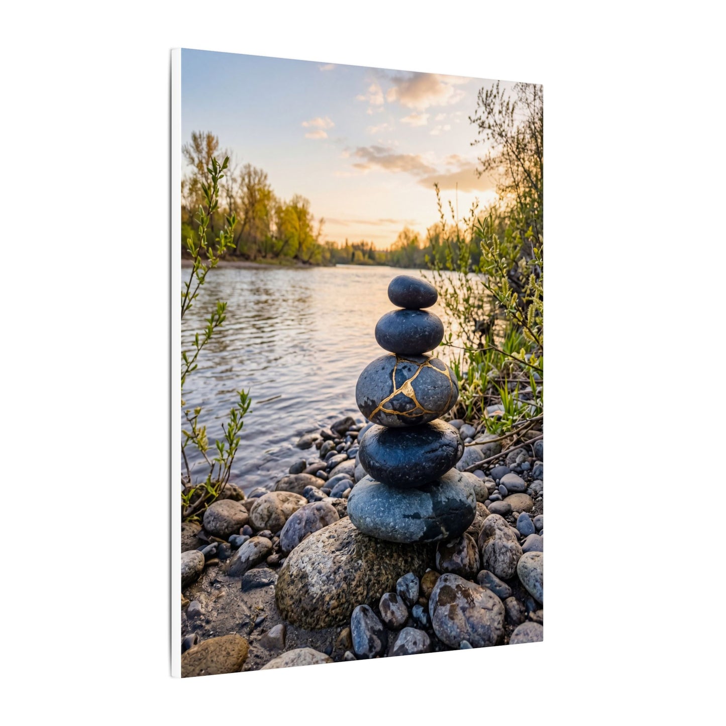 Kintsugi River Stones in Golden Hour | Gold Vein Canvas Art