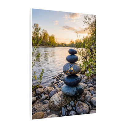 Kintsugi River Stones in Golden Hour | Gold Vein Canvas Art