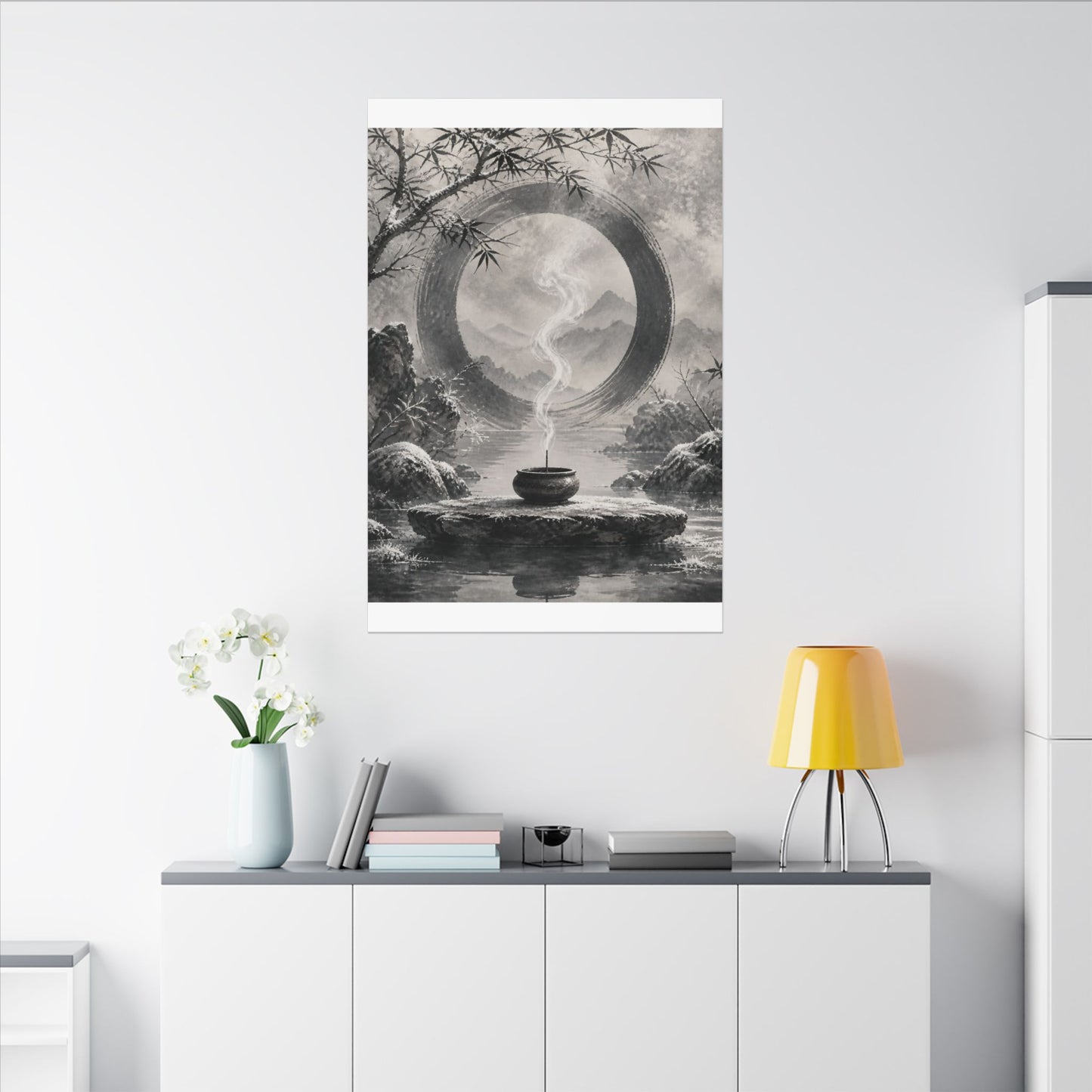 Incense Smoke Canvas Art | Winter Zen Sumi E Art
