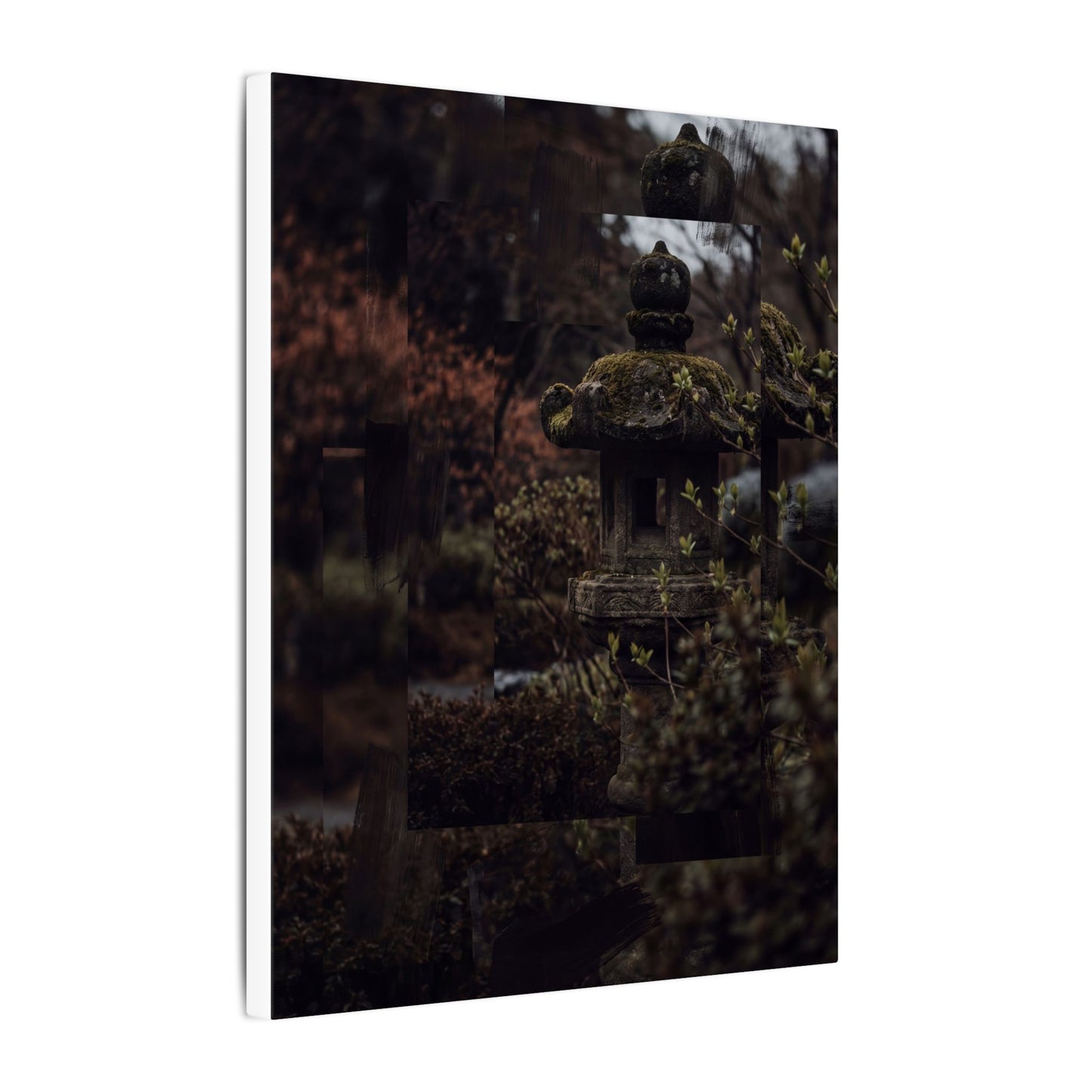 Stone Lantern Spring Canvas Art | Dark Japandi Bold Design