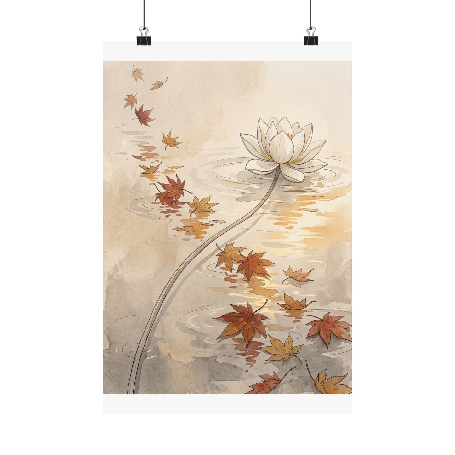 Japandi Lotus Flower in Golden Hour | Minimal Line Wall Art Print