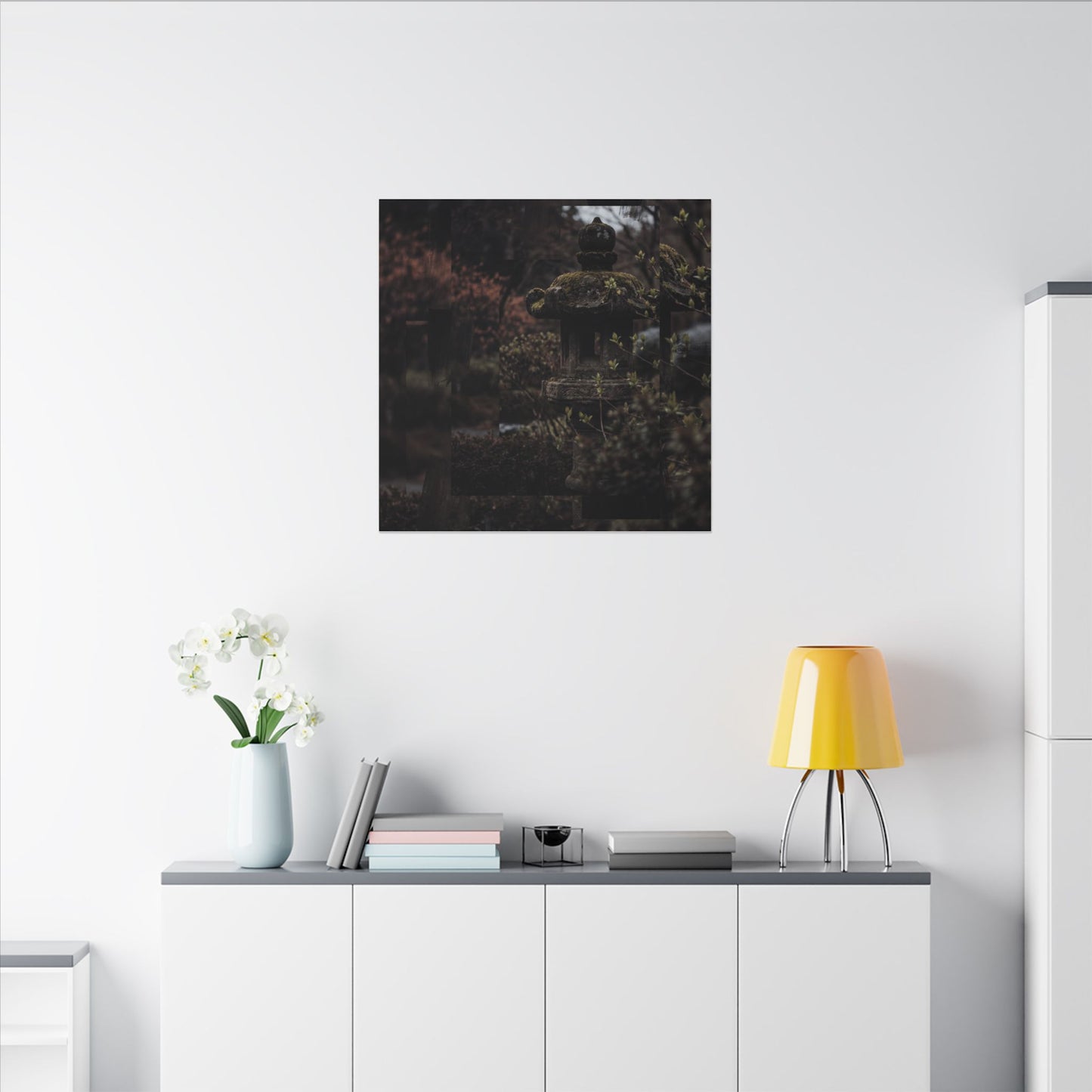 Stone Lantern Spring Canvas Art | Dark Japandi Bold Design
