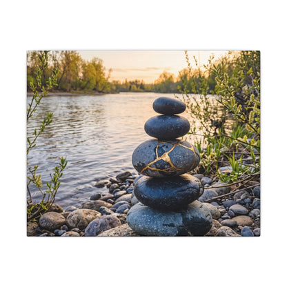 Kintsugi River Stones in Golden Hour | Gold Vein Canvas Art