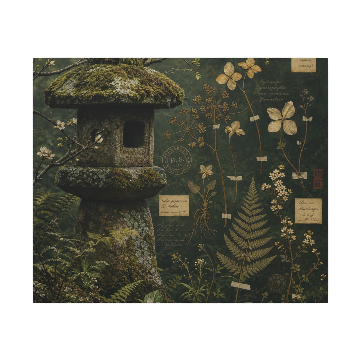 Spring Stone Lantern Herbarium Canvas Art | Nostalgic Decor