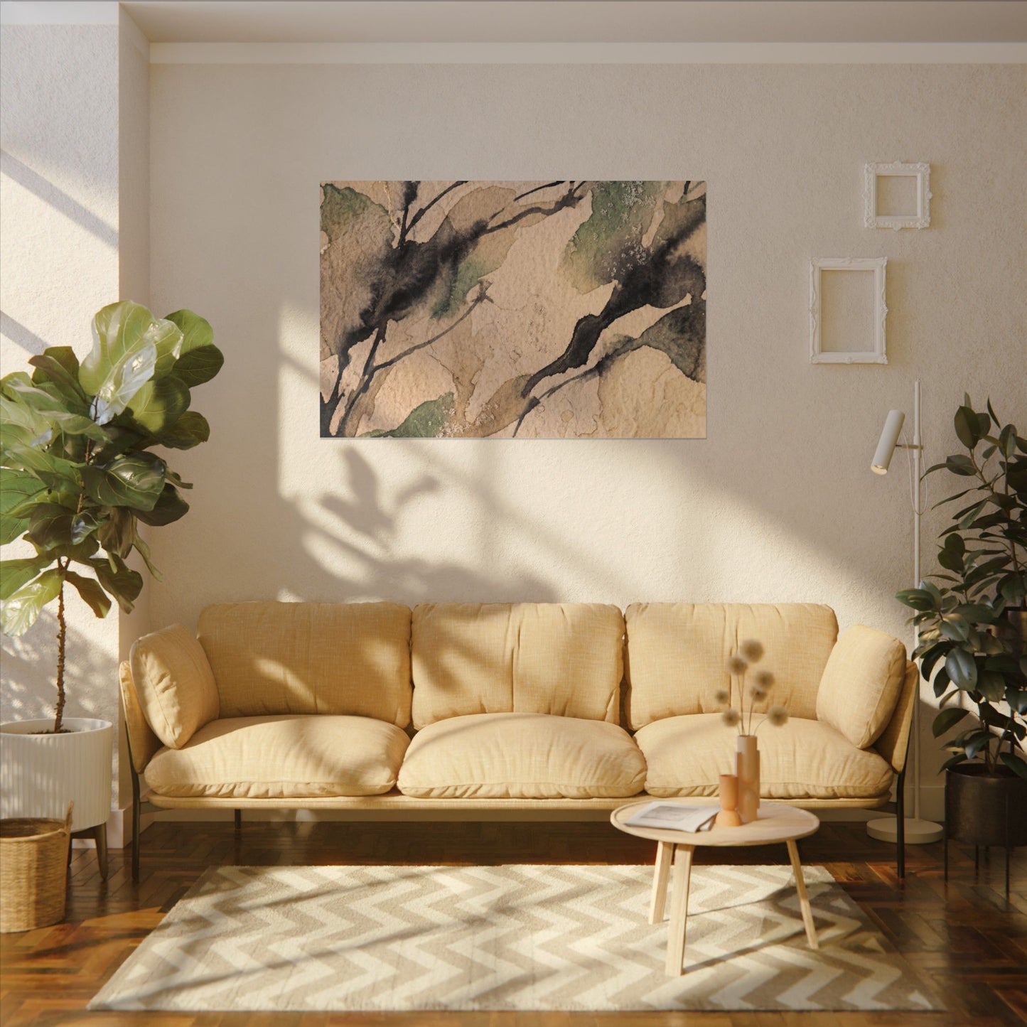 Japandi Shadow Play in Golden Hour | Watercolor Canvas Art