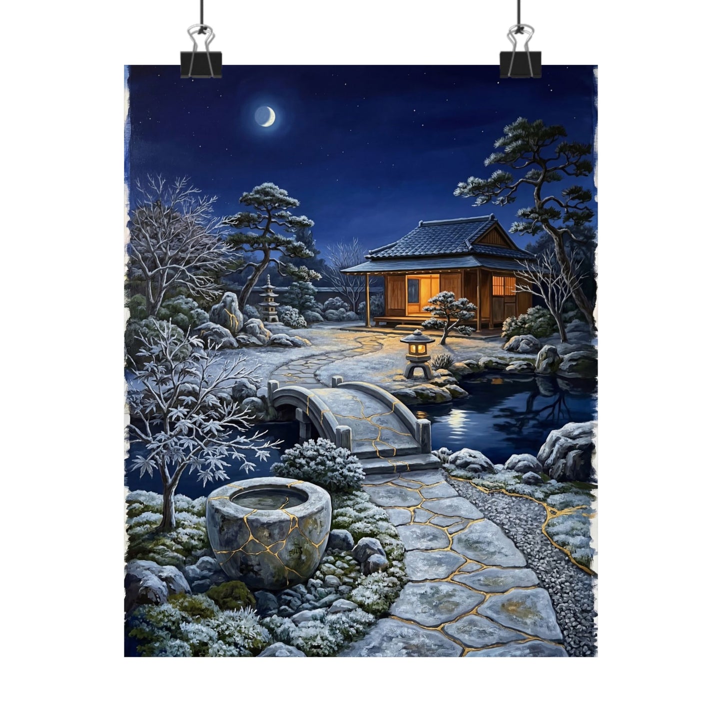 Moonlit Garden Winter Wall Art Print | Kintsugi Philosophical Design Art Print
