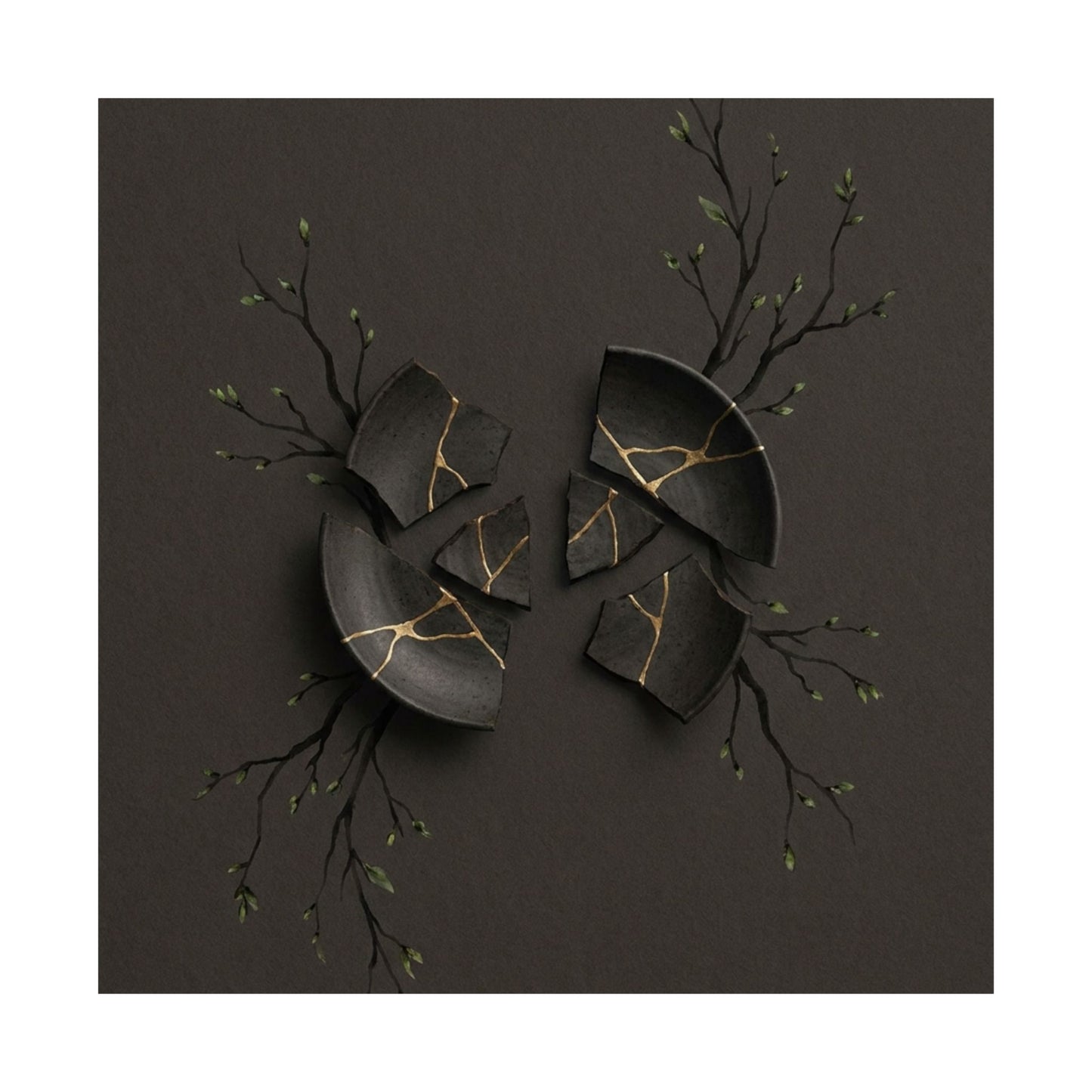 Dark Japandi Broken Pottery in Overcast | Charcoal Ink Wall Art Print