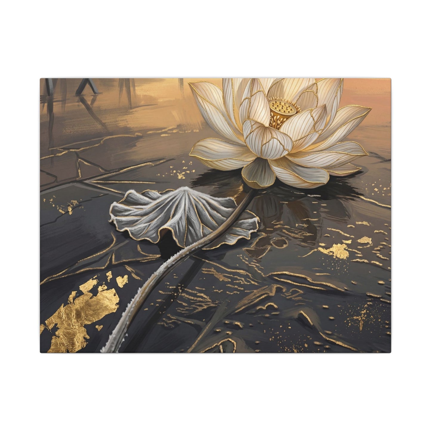 Kintsugi Lotus Flower in Golden Hour | Gold Vein Canvas Art Art Print