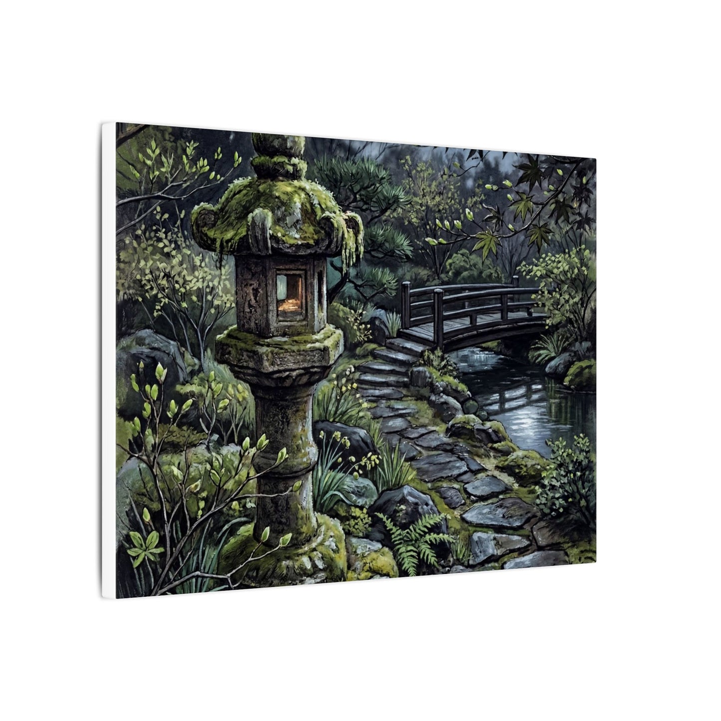 Japandi Stone Lantern in Moonlight | Texture Canvas Art
