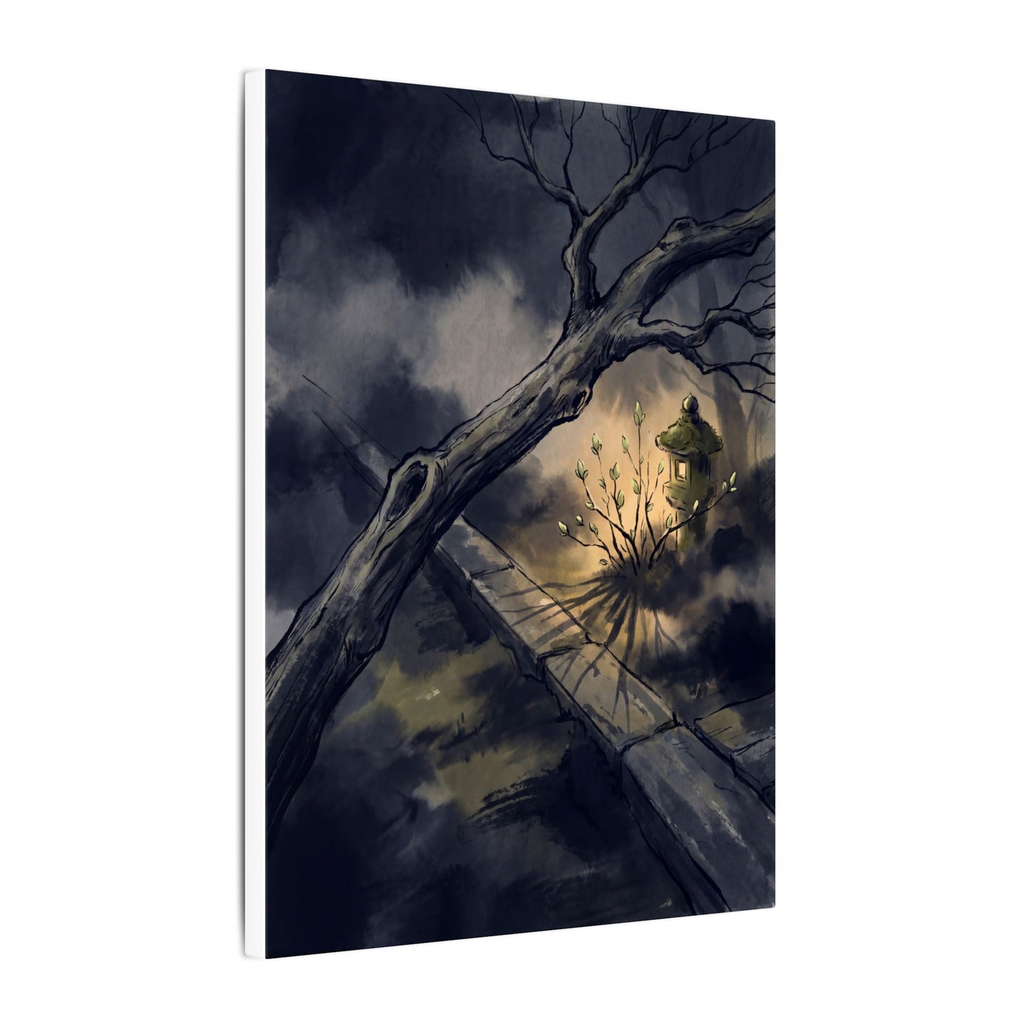 Dark Japandi Moonlit Garden in Golden Hour | Charcoal Ink Canvas Art