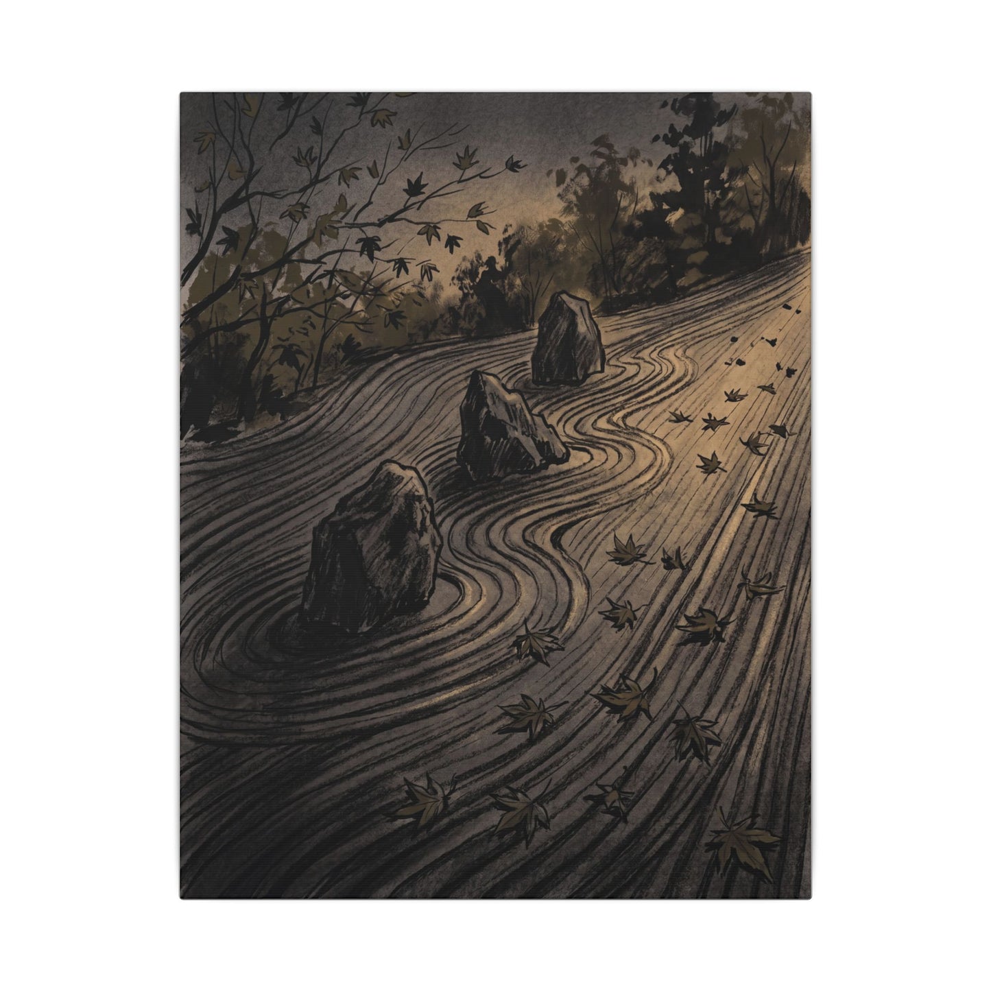 Rock Garden Canvas Art | Autumn Dark Japandi Charcoal Ink Art