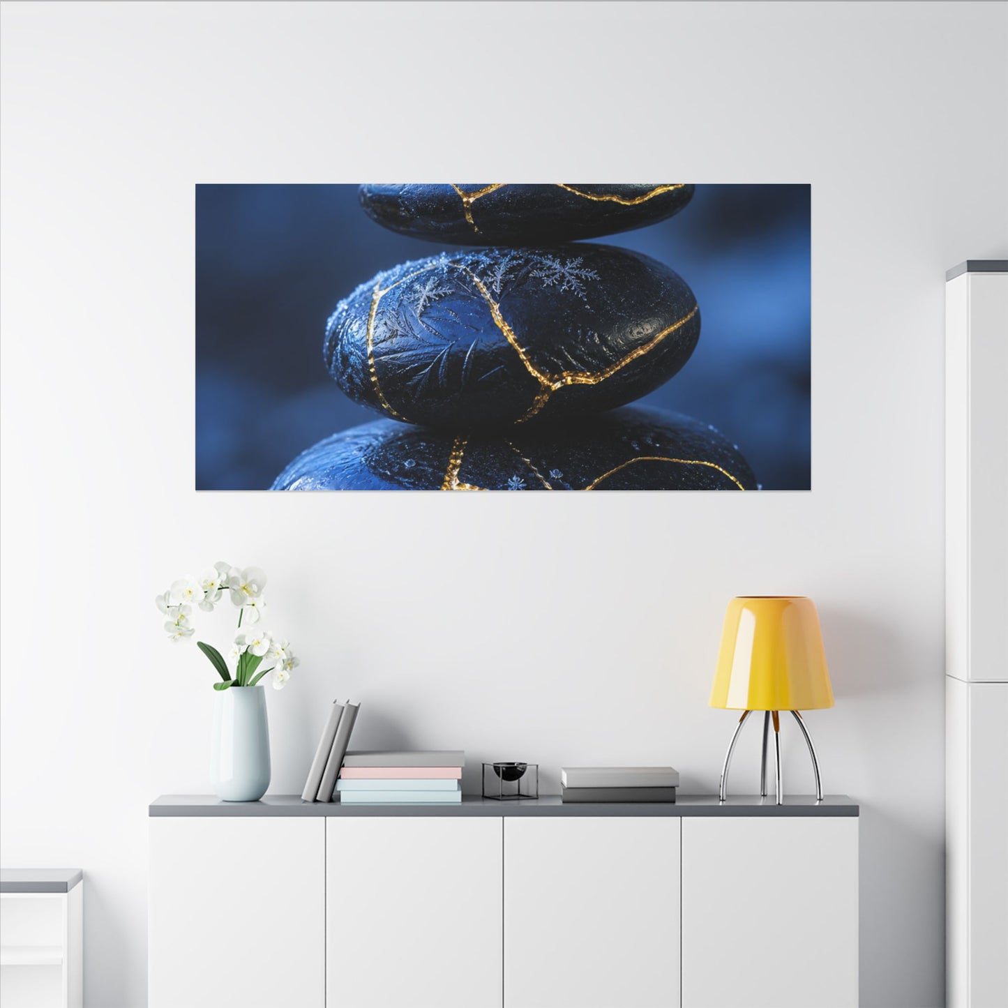 River Stones Canvas Art | Winter Kintsugi Gold Repair Art
