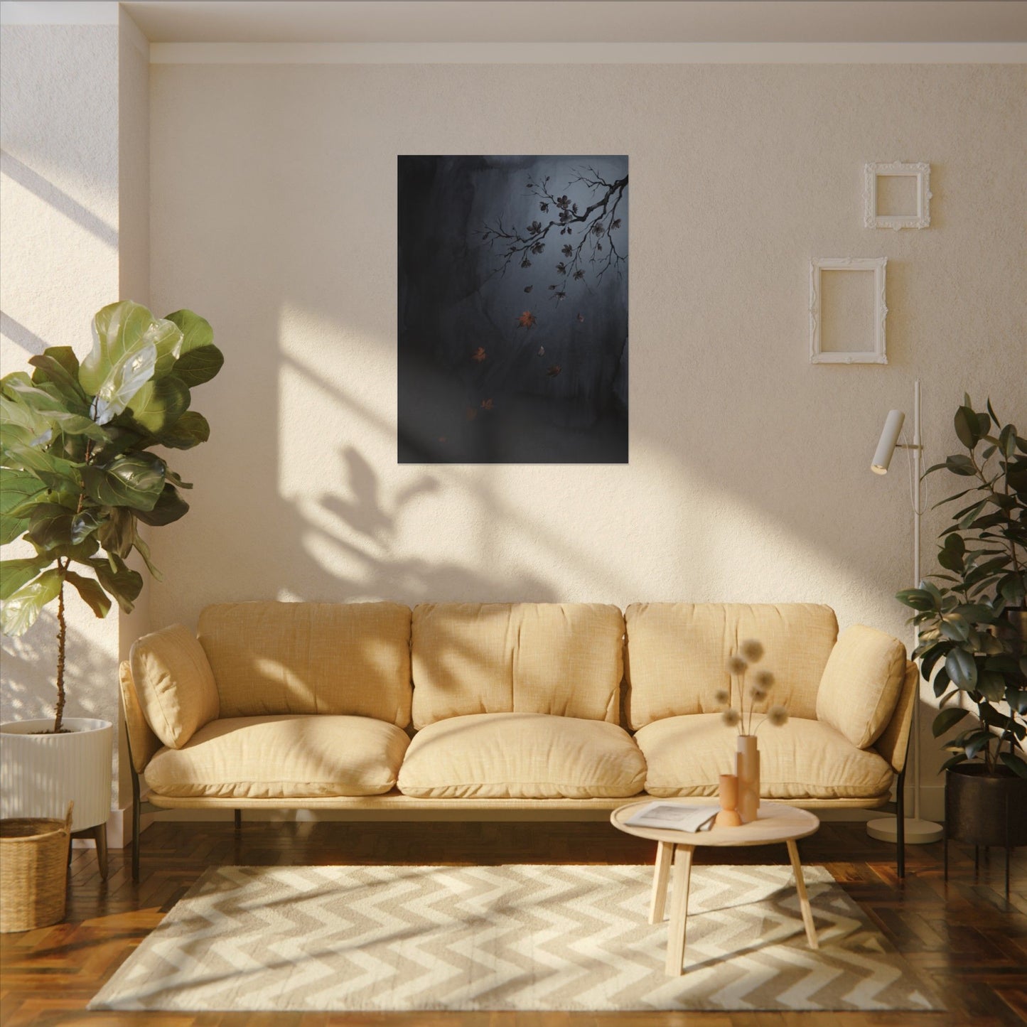 Autumn Cherry Blossom Charcoal Ink Canvas Art | Atmospheric Decor