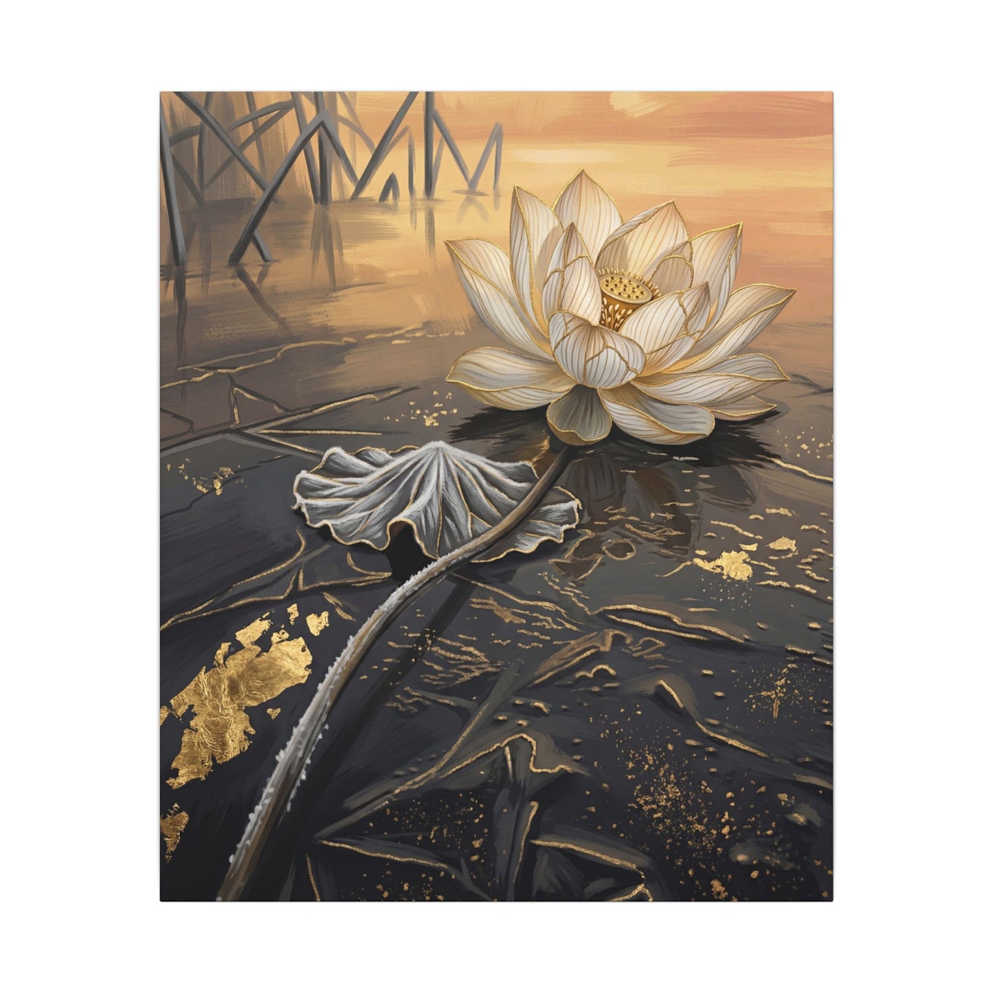 Kintsugi Lotus Flower in Golden Hour | Gold Vein Canvas Art