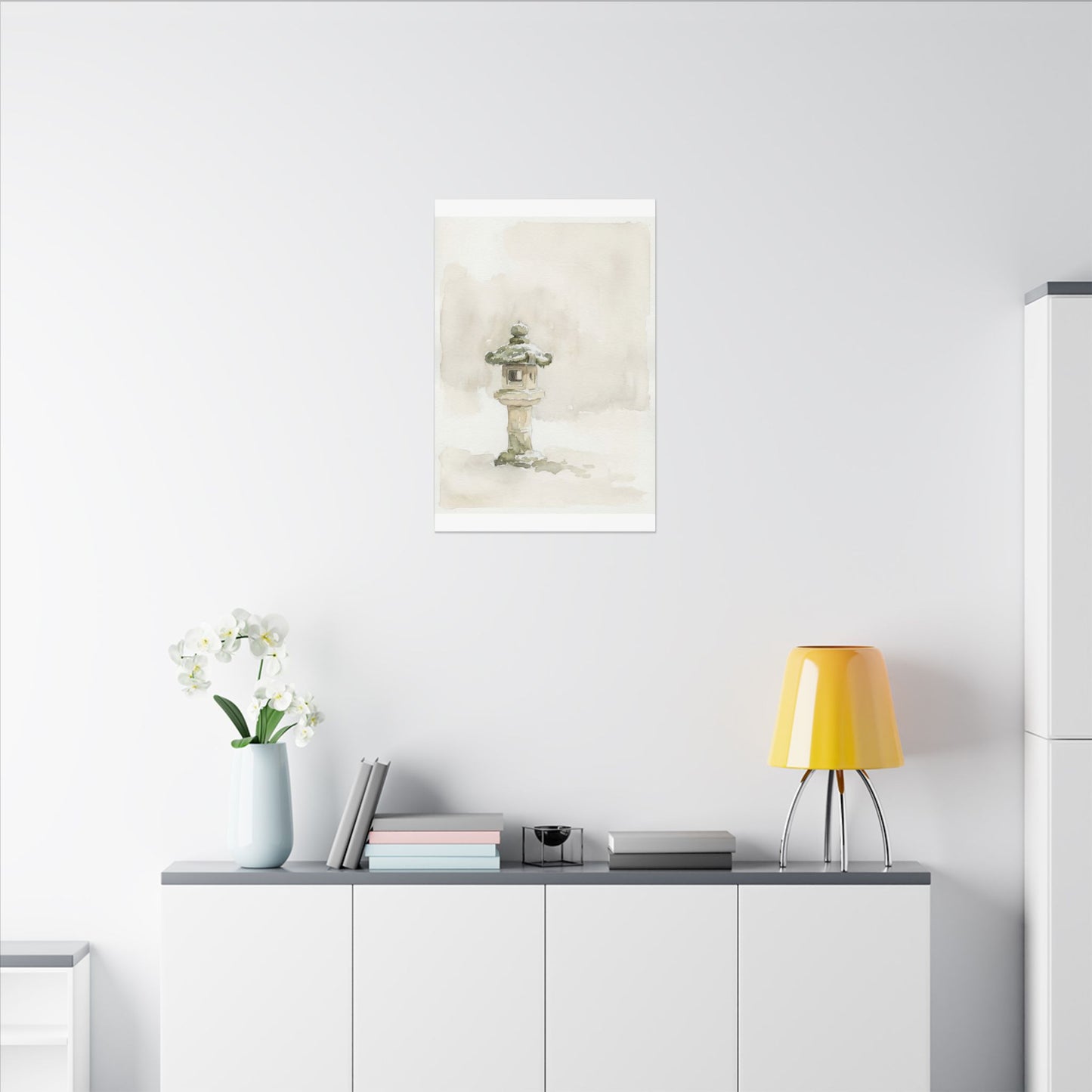 Stone Lantern Winter Canvas Art | Japandi Earthy Design