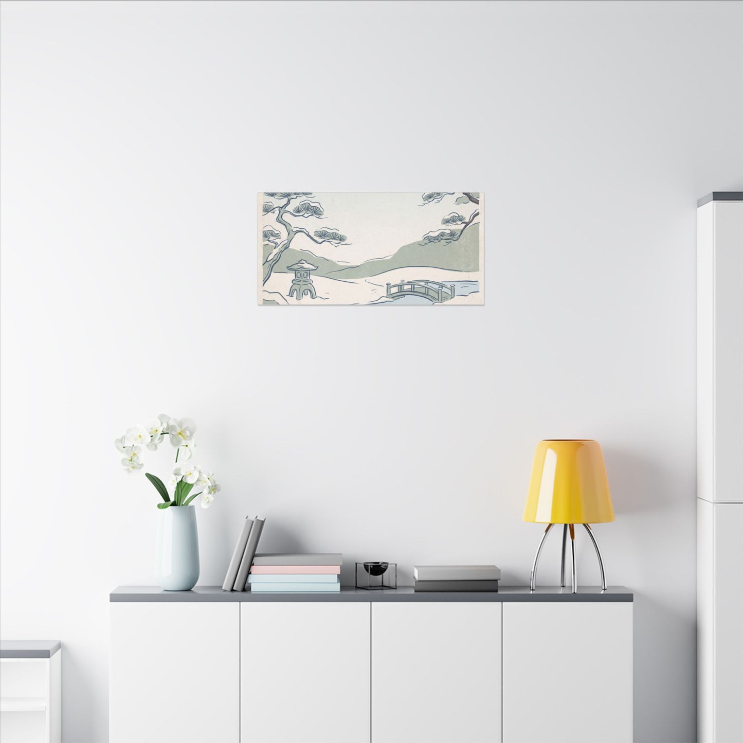 Japandi Moonlit Garden in Moonlight | Minimal Line Canvas Art