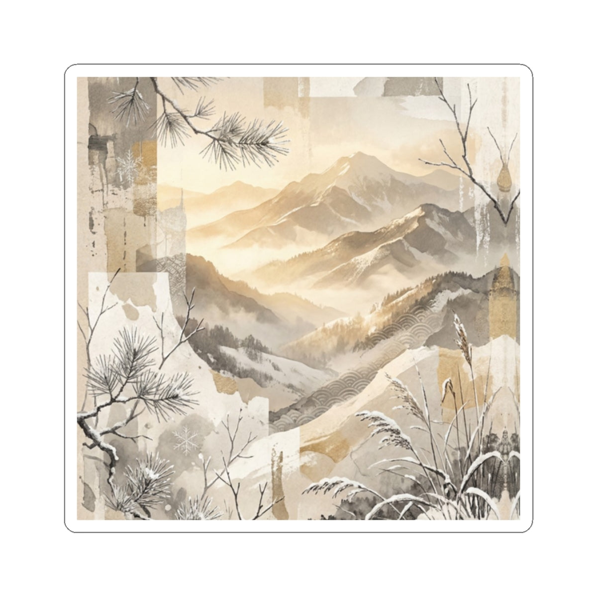Winter Mountain Mist Japanese Pattern Sticker | Cozy Decor Art Print
