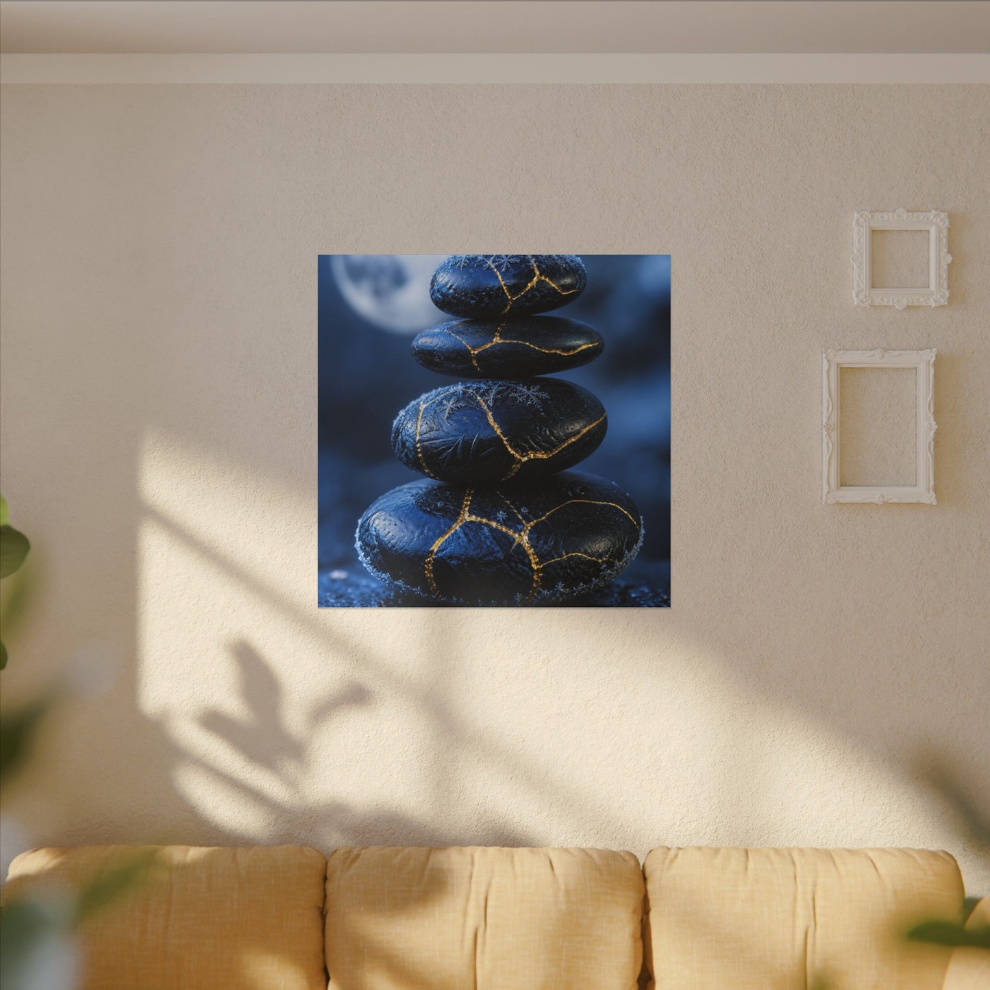 River Stones Canvas Art | Winter Kintsugi Gold Repair Art