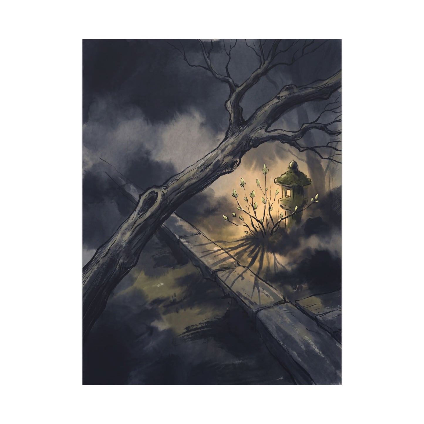 Dark Japandi Moonlit Garden in Golden Hour | Charcoal Ink Canvas Art