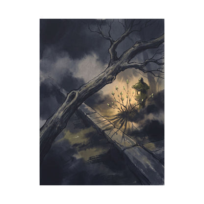 Dark Japandi Moonlit Garden in Golden Hour | Charcoal Ink Canvas Art