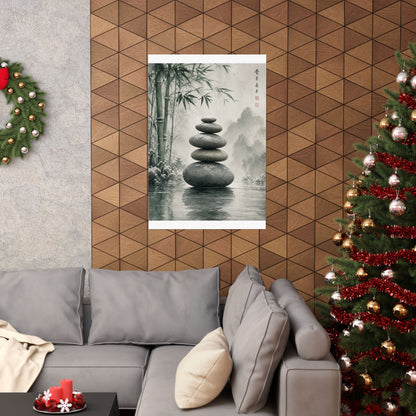 River Stones Sumi E Wall Art Print | Tranquil Zen Art