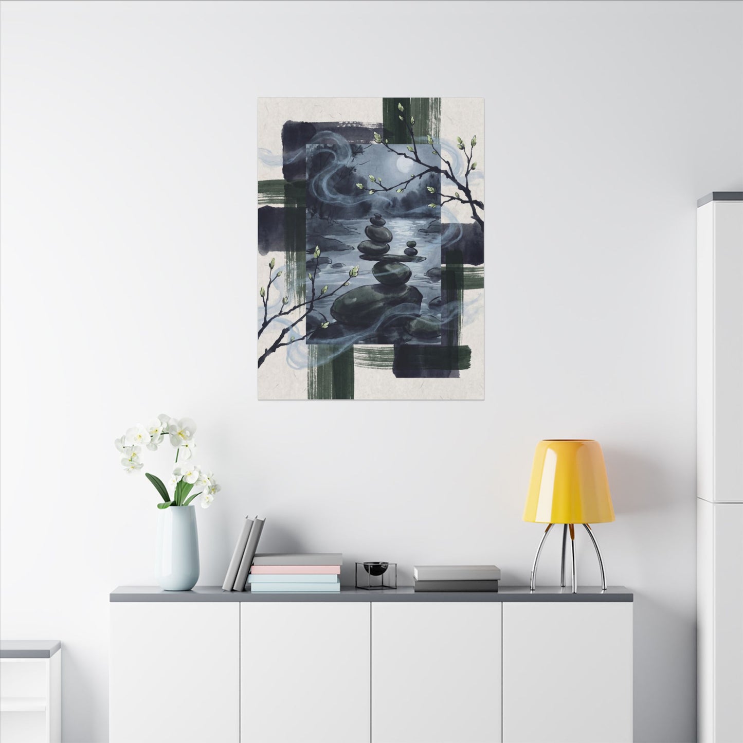 Moonlight River Stones Canvas Art - Zen Shibui