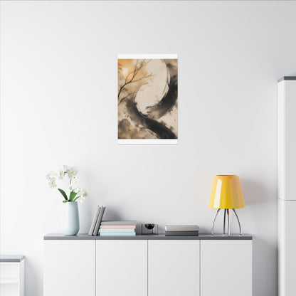 Japandi Ink Brushstroke in Golden Hour | Watercolor Canvas Art