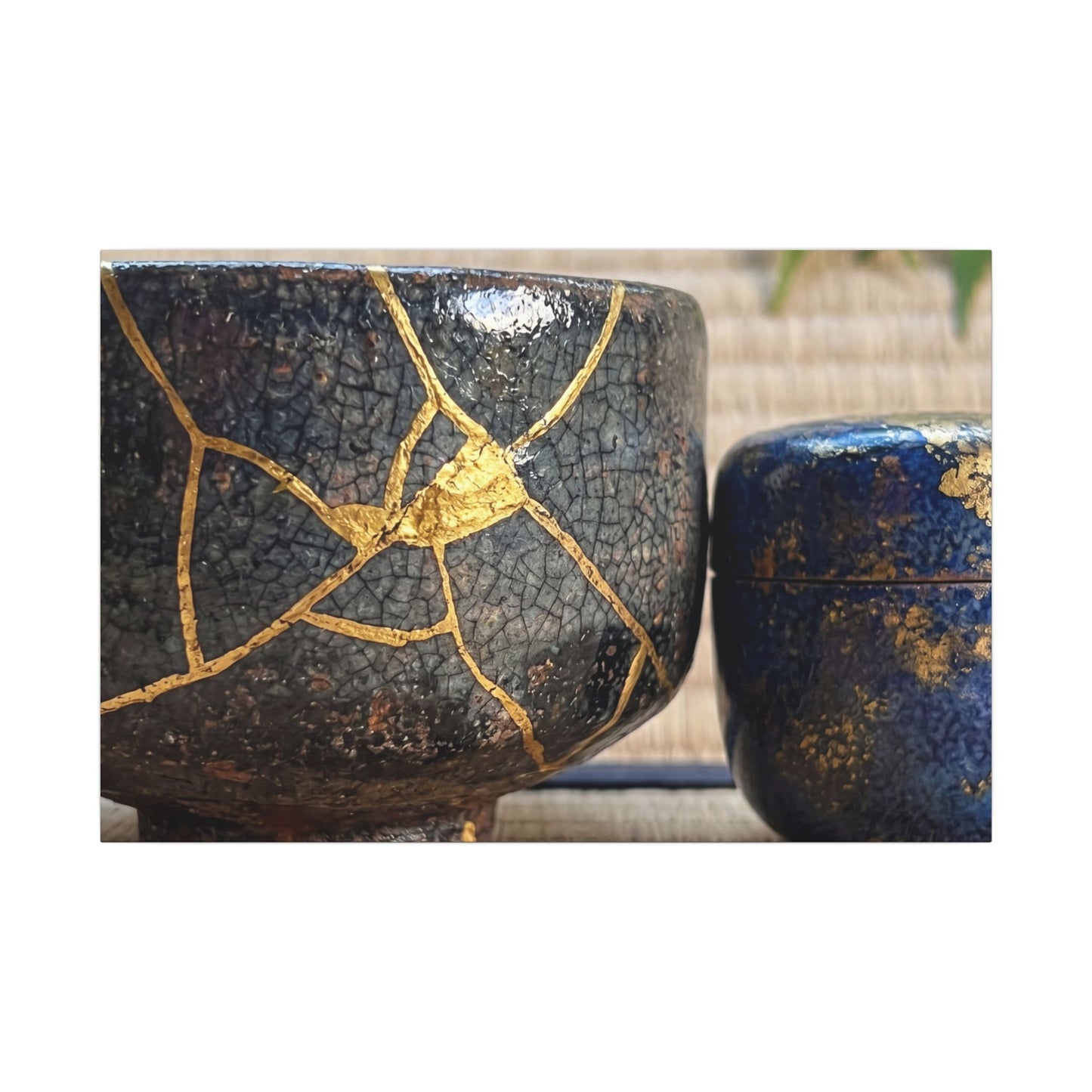 Tea Ceremony Crackle Gold Canvas Art | Philosophical Kintsugi Art