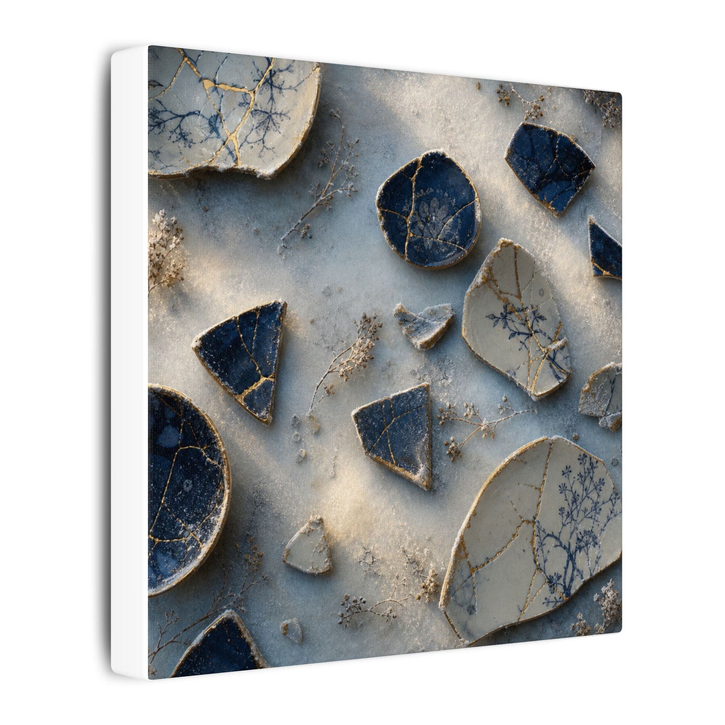 Broken Pottery Canvas Art | Winter Kintsugi Gold Vein Art