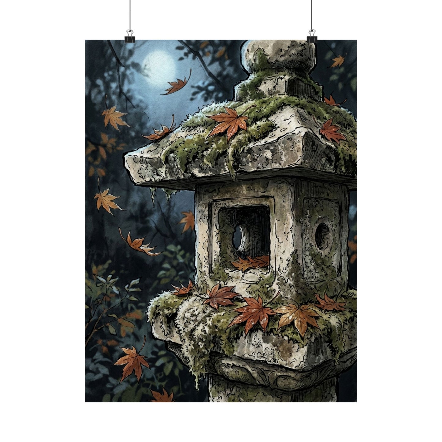 Autumn Stone Lantern Minimal Line Wall Art Print | Warm Decor