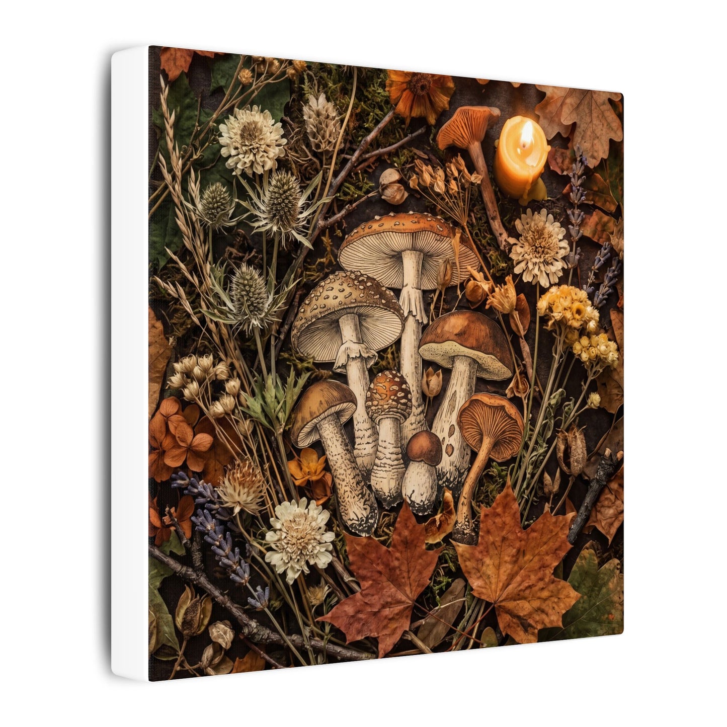 Autumn Dried Flowers Mushroom Illustration Canvas Art | Earthy Decor